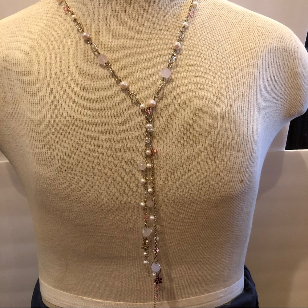 New Kacia Necklace - ties in front. Long gold tone with pink beads & faux pearls